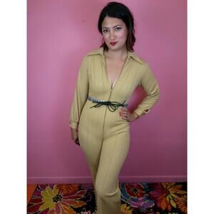 XS to Large Vintage 1970's Tan Camel-Colored Jumpsuit Dagger Collar Long Sleeves